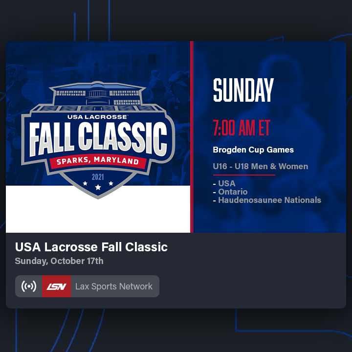 This weekend on LSN: USA Lacrosse Fall classic featuring @USAWLax, @USAMLax, <a href="/CanadaLacrosse/">Team Canada Lacrosse</a>, defending #NCAALAX champions <a href="/UVAMensLax/">Virginia Men's Lacrosse</a> and <a href="/BCwlax/">BC Women's Lacrosse</a>, plus the Brogden Cup with the <a href="/USA_Lacrosse/">USA Lacrosse</a>, Ontario &amp; Haudenosaunee Nationals U16 &amp; U18 developmental teams