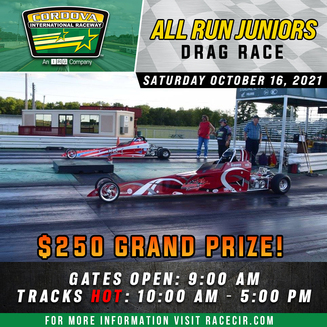 THIS WEEK at CIR - ALL RUN JUNIORS Drag Race

📅 10/16
⏲️ Gates OPEN: 9 am 
🔥 Track HOT: 10 am - 5pm 

🔗 ow.ly/7lwr50GqLcX

#RaceCIR #Cordova #DragRacing #Racing