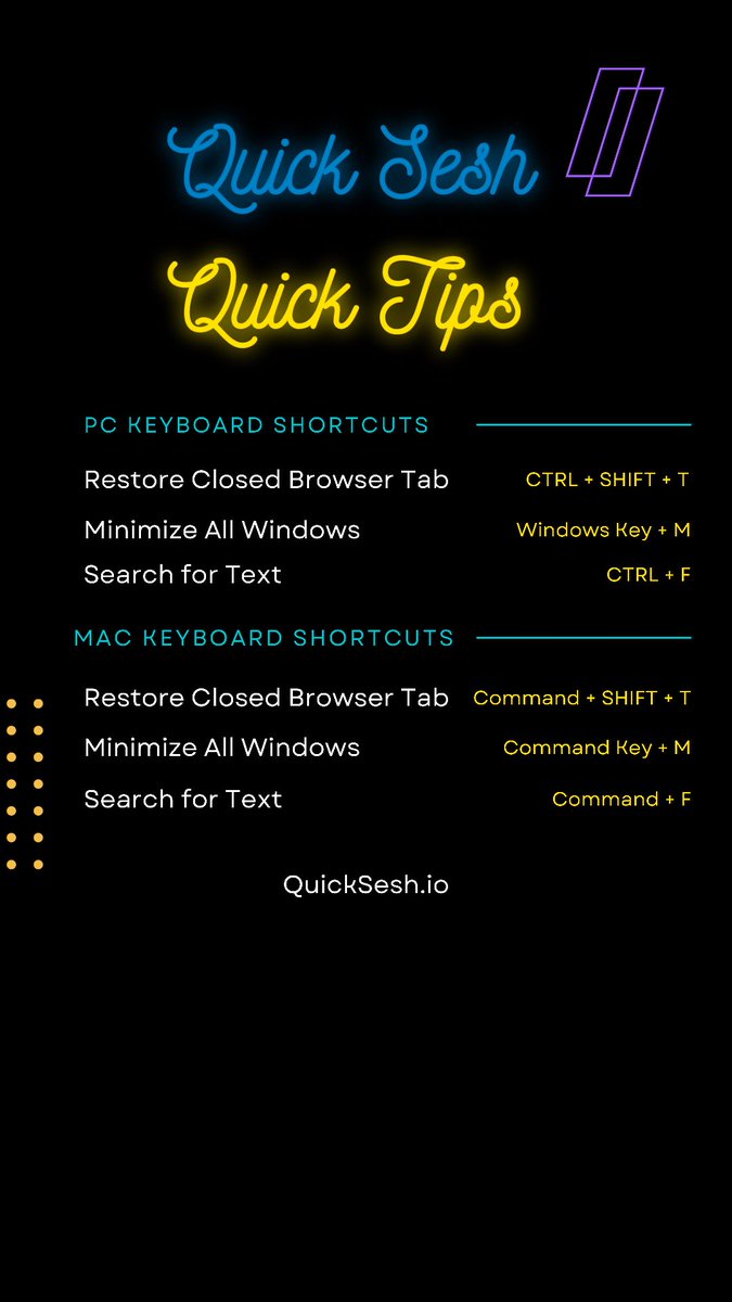 quick_sesh's tweet photo. Today’s Quick Sesh Quick Tips goes over a few essential keyboard shortcuts for both Macs 🍎and PCs 🪟! Join our newsletter (link in bio) to receive monthly tips that also attaches video walkthrough! #BlackStartup #DenverStartUp #TechStartUp #ComputerHelp #TechHelp #blackowned https://t.co/N8uXTccekr