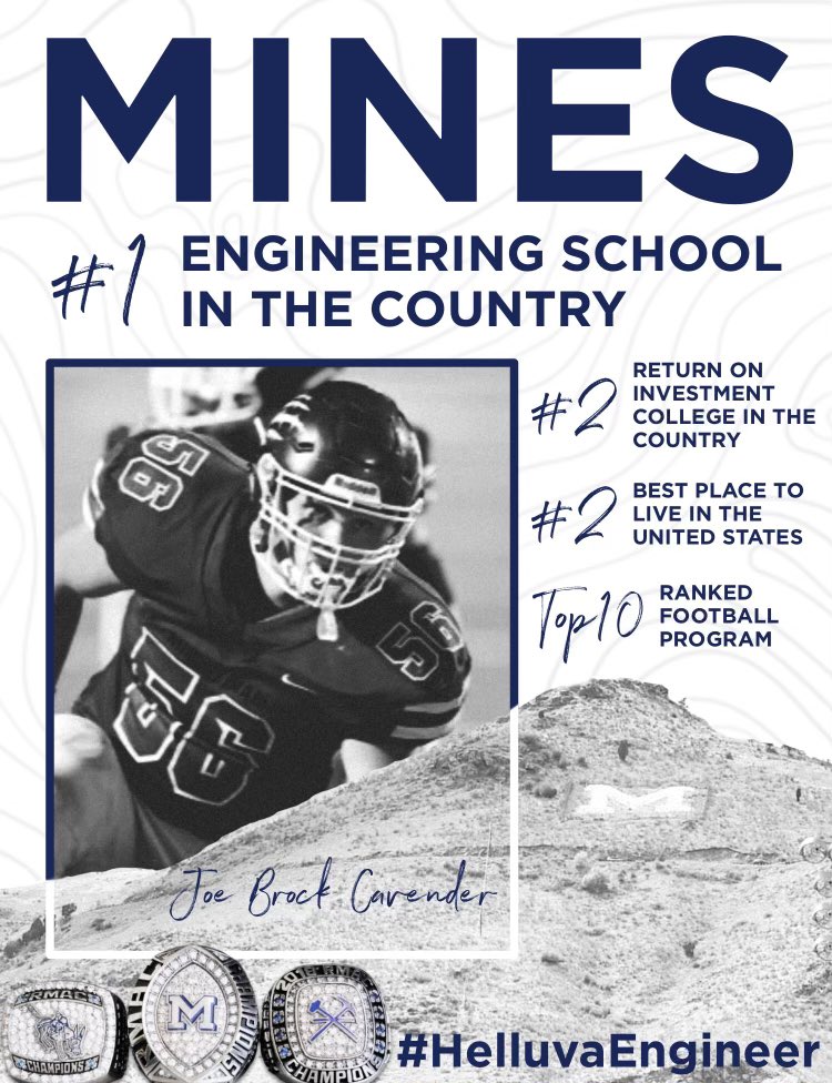 JoeCavender2's tweet photo. Very thankful to announce that I have received an offer from Colorado School of Mines! #HelluvaEngineer @coach_sterbick @MidloPanthers @IrwinCoach https://t.co/rP9xFyMgNJ