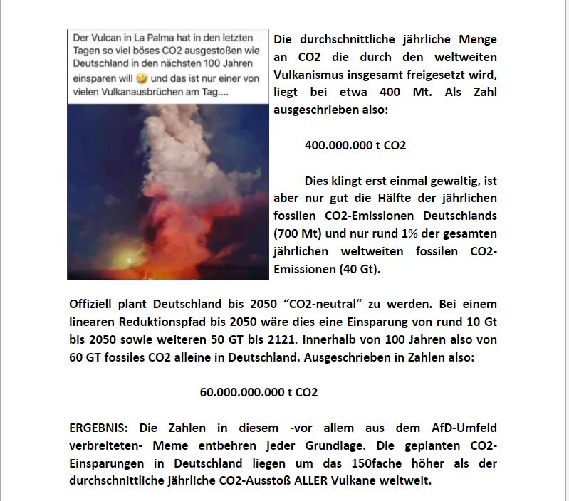 <a href="/MichaelHug17/">Michael Hug</a> Wer "...immer nur allein an Fakten interessiert.." in seiner Bio stehen hat, sollte nicht so einen Unsinn posten.

Nein, der Vulkan auf La Palma emittiert nicht so viel CO2, "...wie Deutschland in 100 Jahren einsparen will..."

Ein Faktencheck:

#FridaysForFuture