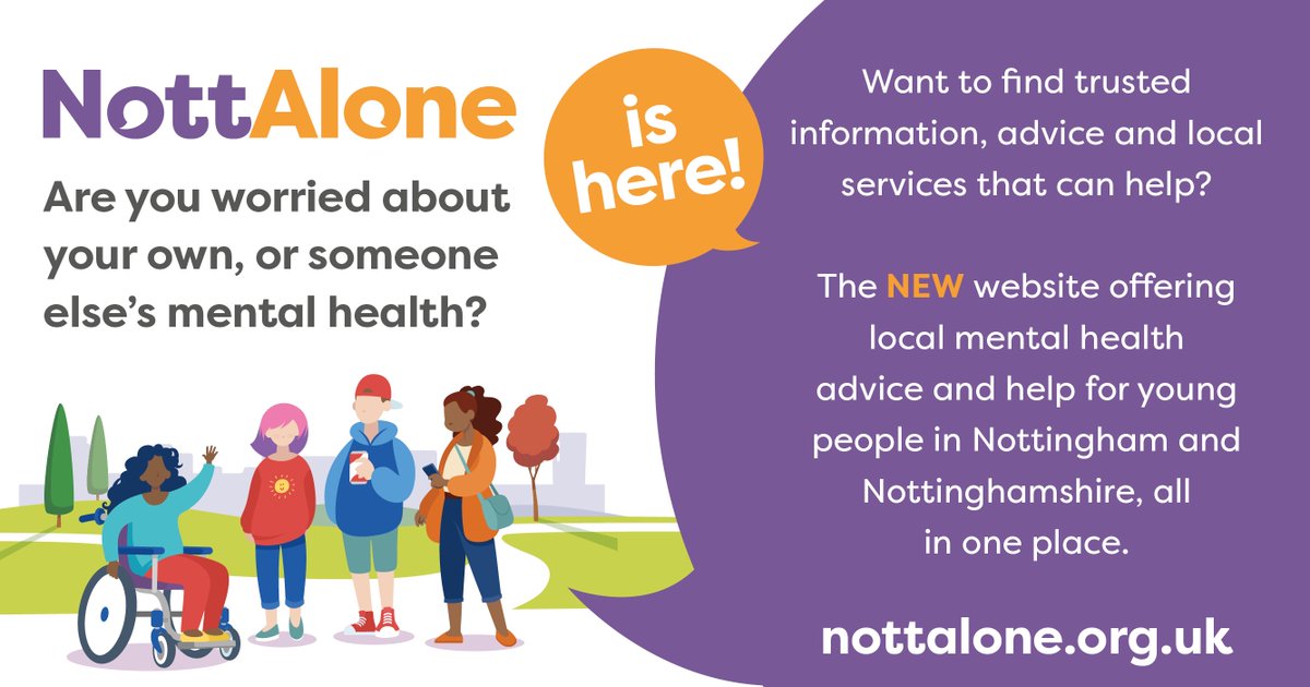NottAlone is here!

#NottAlone is a new website that shares local #MentalHealth advice and help for young people in #Nottinghamshire all in one place. Please feel welcome to share this website with anyone who may need it: bit.ly/301kEZo 

#worldmentalhealthday2021