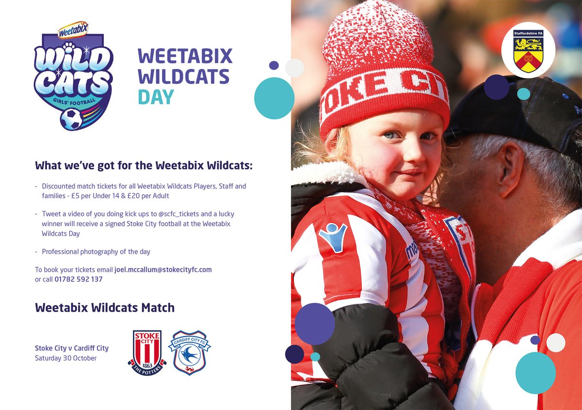 📣 | Calling all #WeetabixWildcats players, staff and families!

Get set for <a href="/stokecity/">Stoke City FC</a>'s #WeetabixWildcats day on Saturday 30 October - and grab your match tickets at a discounted price ⬇ 

bit.ly/3ABvaTF