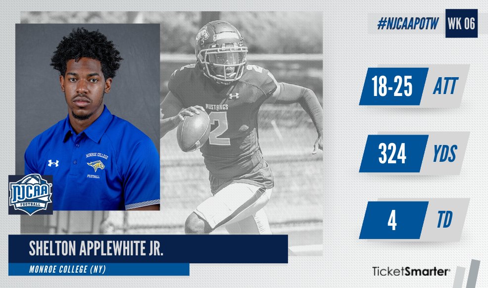 NJCAAFootball's tweet photo. Shelton Applewhite Jr. led the @Monroe_Mustangs to victory over Lackawanna, throwing for 324-yards and three touchdowns, and rushing for the game-tying touchdown.
The quarterback earns the #NJCAAFootball DI Offensive Player of the Week, presented by @TicketSmarter.
#NJCAAPOTW https://t.co/LQuHL0WeSe