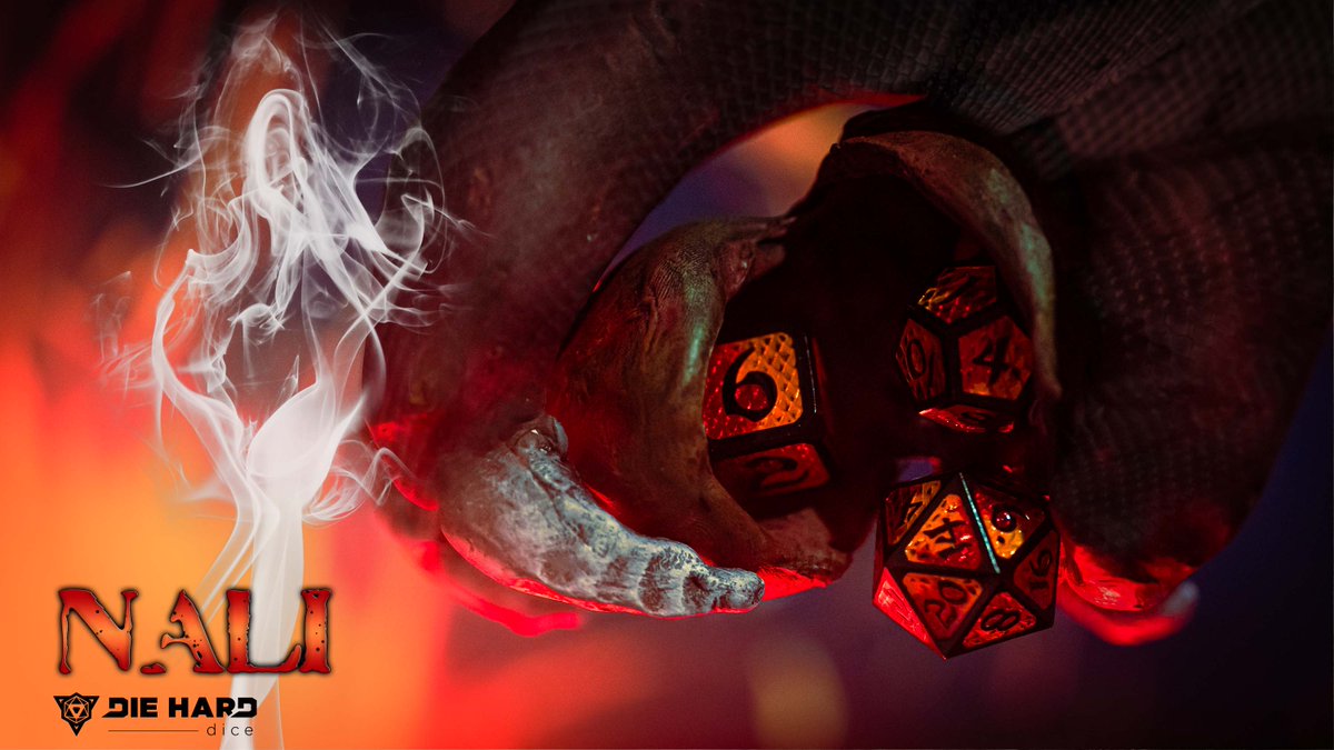 dieharddice's tweet image. Ember dragons make their way into the world through the violence of combustion, leaving their scales speckled with ash. Meet the Nali dragons: can you guess the hidden meaning behind their name?

Giving away this #dice set to the first person who figures out what 'Nali' is!*