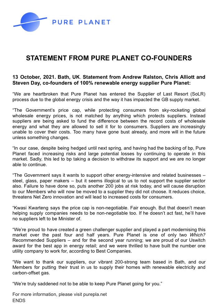 emilygosden's tweet photo. BP-backed household energy supplier Pure Planet has officially ceased trading, after BP pulled the plug https://t.co/CFsM7ofyDG