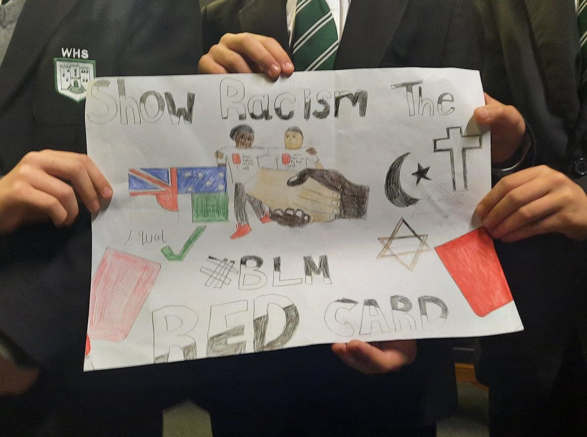 WpoolHS's tweet photo. Winners of Year 8 Anti-Racism Poster Competition were Libby Loxam, Lucy Ward, Leighton Selley, Theo Davies-Brown, Kyle Simpson, Toby Betts.  Well done everyone!  #HateCrimeAwarenessWeek https://t.co/JJ1UKkUvNL