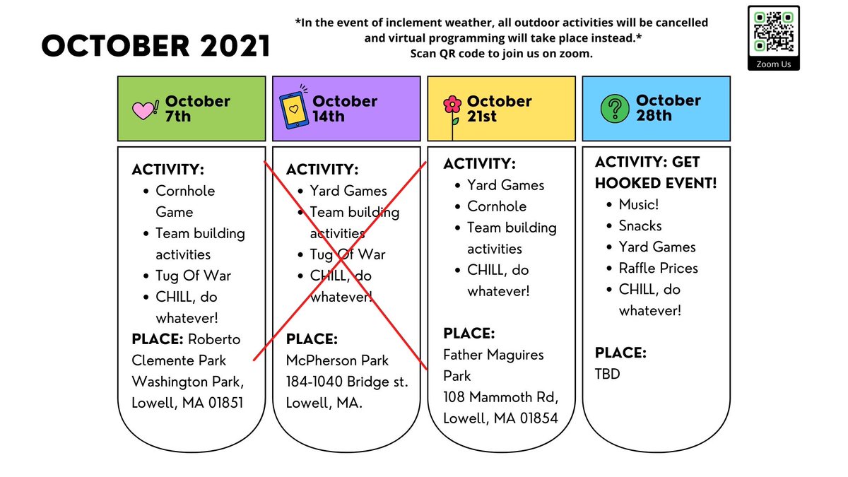 Good afternoon my friends! 
I hope you all are having a wonderful day. FYI, Teen BLOCK's "Chill Day" at the park will be cancelled tomorrow - 10/14/21. But do join us via zoom from 3-5pm for activities. 
Thank you! ☺️ 🤗 🤗 🤗