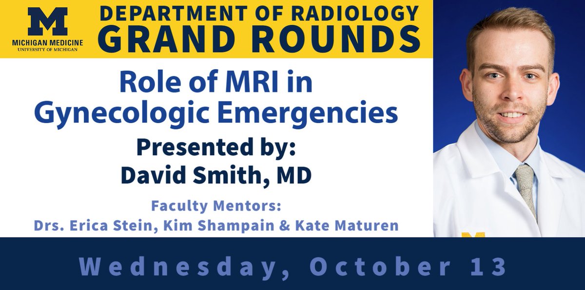 UMichRadiology's tweet photo. We thank our own #radres David Smith, MD for Virtual Grand Rounds:
"Role of MRI in Gynecologic Emergencies"
Faculty mentors: Dr. Erica Stein, @KimShampainMD @KateMaturen https://t.co/EgxQd3bTQF