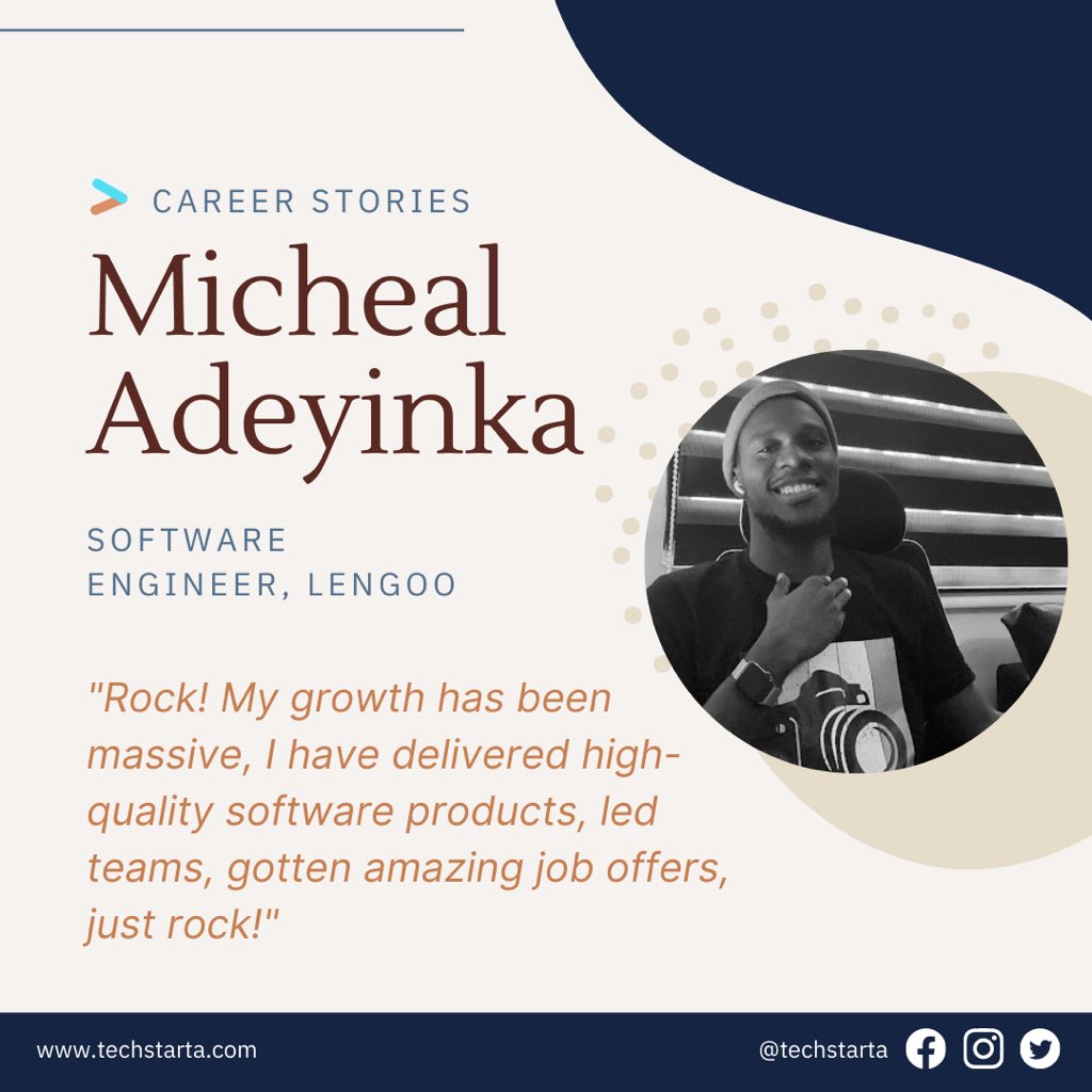 Micheal Adeyinka (@olamicheal_) appears this week on #CareerStories with Techstarta.

Micheal is a Software Engineer at Lengoo.

He talked about his career path, how he got into tech, and more.

Read Micheal's career story here: techstarta.com/stories/career….