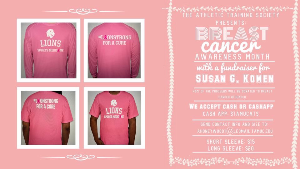 TAMUCsportsmed's tweet photo. Help support Breast Cancer awareness this month of October by purchasing a shirt from the Athletic Training Society at TAMUC. Preorders until 10/19. 
Please contact: Ahoneywood1@leomail.tamuc.edu https://t.co/yCKDOcb7WS