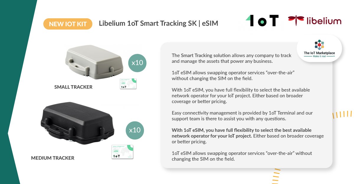 💥 𝗡𝗘𝗪 Smart Tracking Solution with #eSIM | <a href="/1oT_mobi/">1oT</a> &amp; <a href="/libelium/">Libelium</a> 👏

With an #eSIM, you have full flexibility to select the best available network operator for your #IoTproject. Either based on broader coverage or better pricing.
📣 Now UP to 10% off: the-iot-marketplace.com/libelium-smart…
