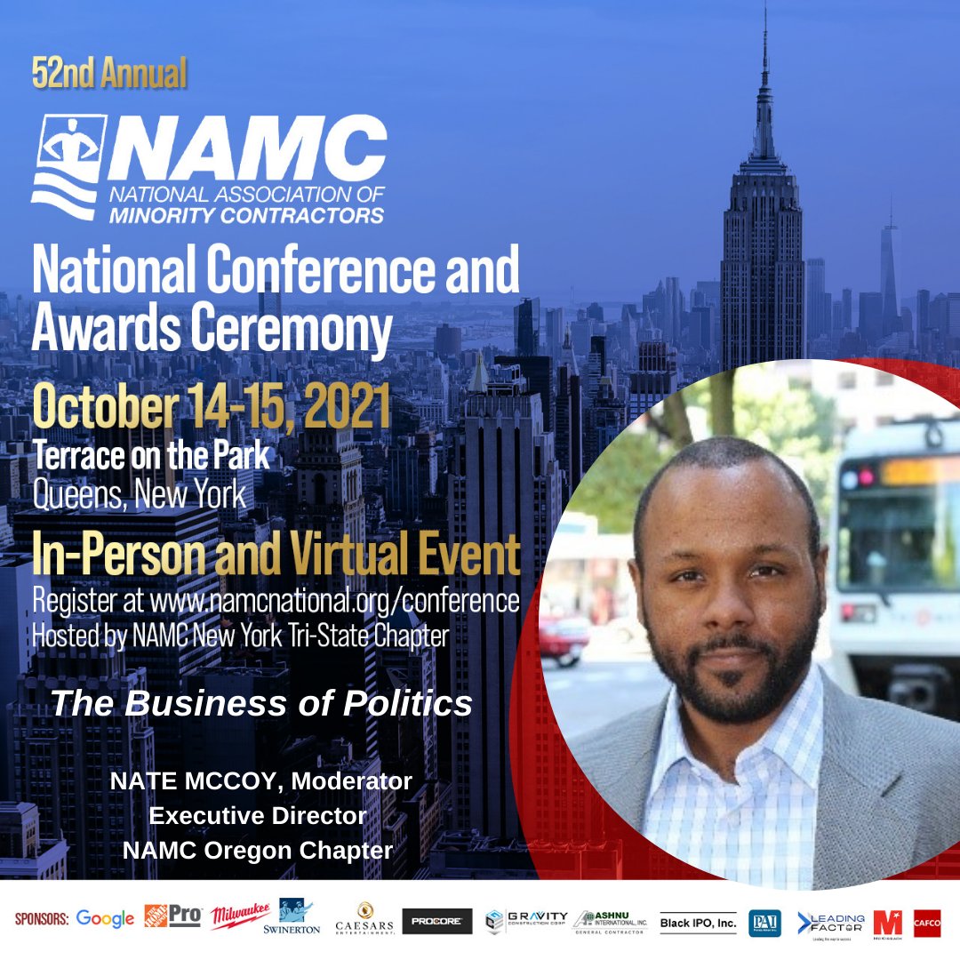 Business and politics go hand in hand in driving small business development. #NAMC52 will feature Jerome Duval, Telley Madina, and Nate McCoy in a conversation on how to make your issue a priority with policymakers.  Don't miss it!

Register now at namcnational.org/conference.