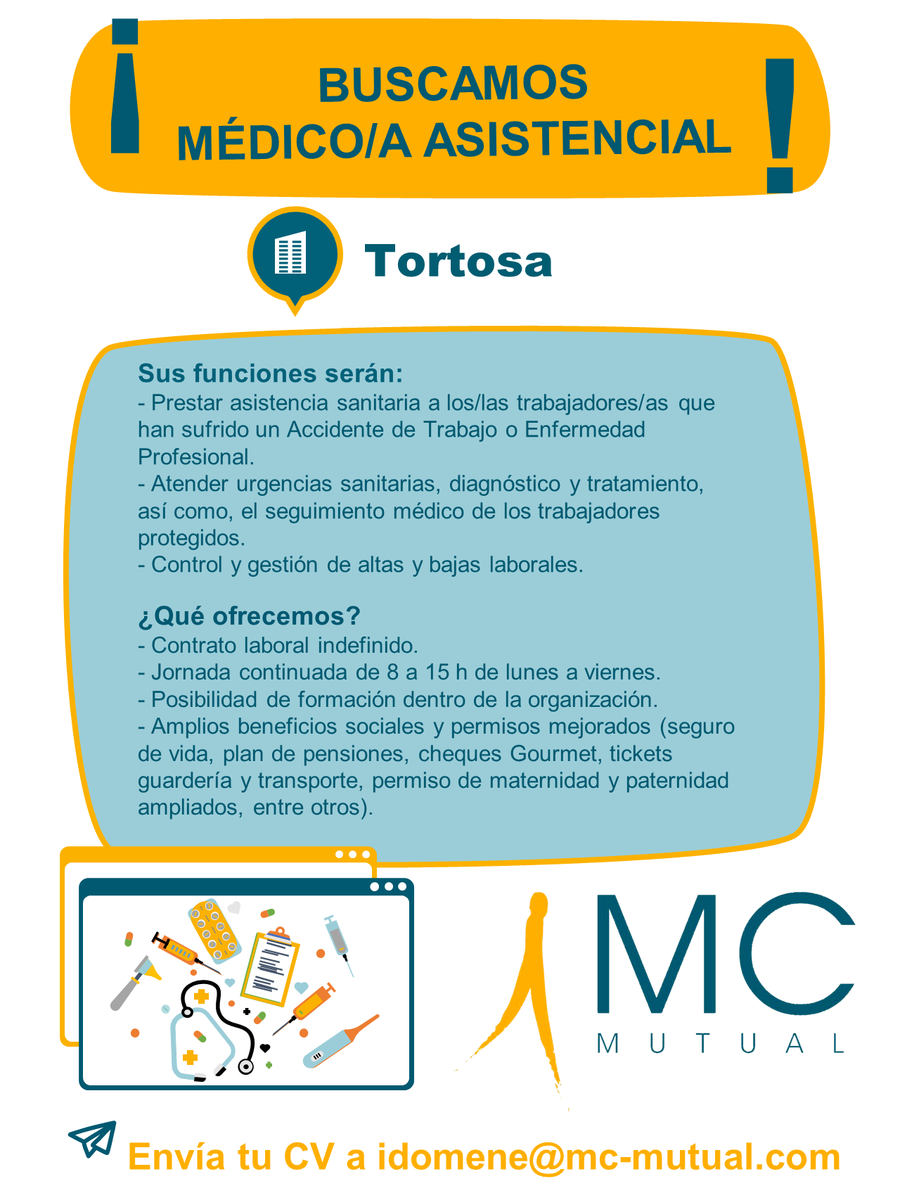 MCMUTUAL's tweet photo. ❗ URGENTE 
Estamos buscando médico/a de jornada completa para el centro asistencial de #Tortosa
Trabaja con nosotros. 
Inscríbete aquí ➡https://t.co/muoC2hwbwk

#trabajo #empleo #médico  #medicina https://t.co/ZAAAgKlqs9