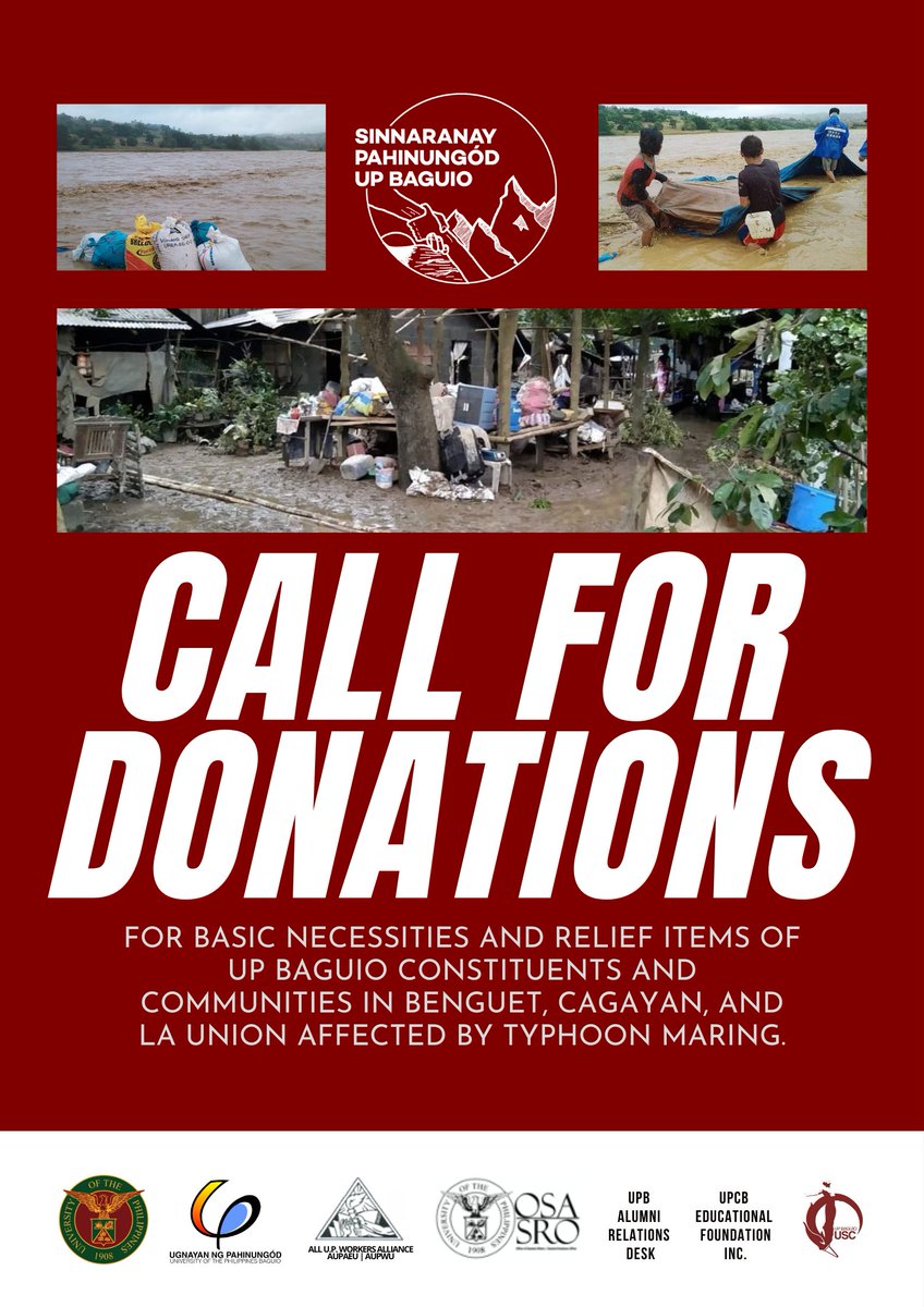 doray76's tweet photo. The Sinnaranay Pahinungód UP Baguio is now accepting donations for the basic necessities and relief items of UP Baguio constituents and communities in Benguet, Cagayan, and La Union affected by Typhoon Maring. #Pahinungod https://t.co/pmgzR6l3pc