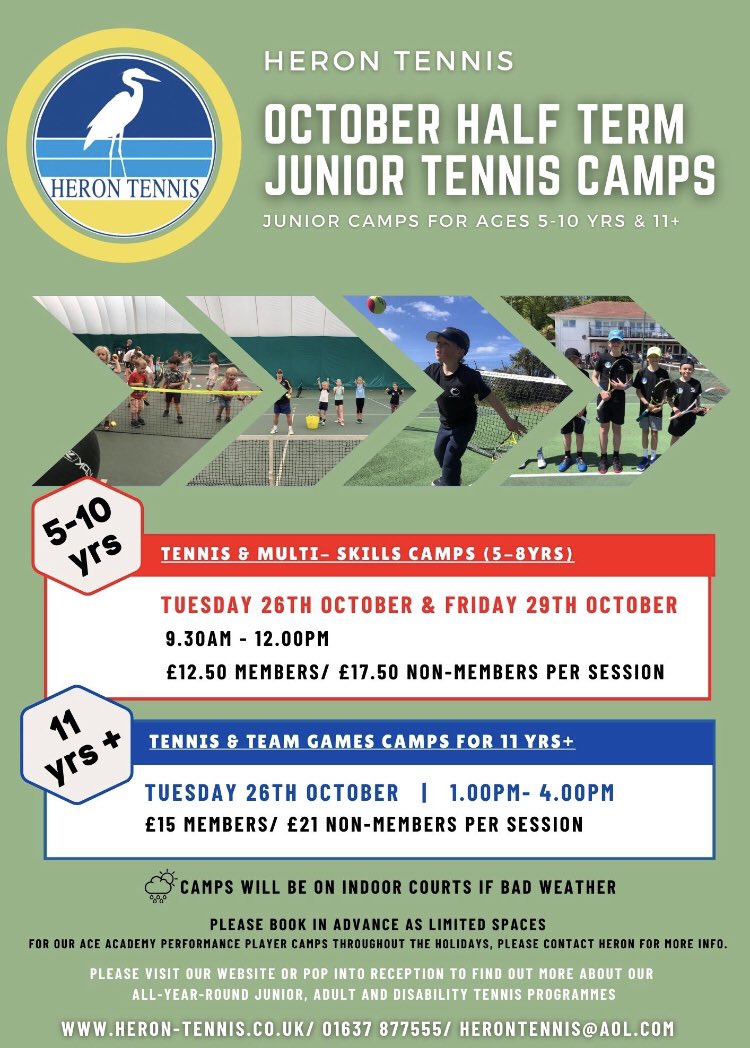 October Half Term Junior Tennis Camps at Heron, Newquay, Cornwall. Call us on 01637 877555 or pop into reception (next to Newquay Zoo) for more info and to book. <a href="/NewquayJunior/">NewquayJnrAcademy</a> <a href="/TrenanceAcademy/">Trenance Learning Academy</a> <a href="/TruroSchool/">Truro School</a> #schoolholidayactivities #kidsclubs #cornwallholidays <a href="/Love_Newquay/">Love Newquay</a>