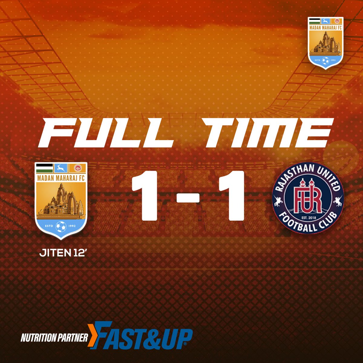 FcMaharaj's tweet photo. ๐
๐๐๐๐๐๐๐!!
The exciting encounter between Madan Maharaj FC and Rajasthan United FC comes to an end. We will be back stronger.
MMFC1๏ธโฃ-1๏ธโฃRUFC
โฝ๐
#Madanmaharajfc โ๐ช๐ฅ
#MMFCRUFC โ๏ธ
#HILQ2021 ๐
#IndianFootball โฝ
#MMFC ๐ช
#MatchDay https://t.co/jeVfZ2NFdN
