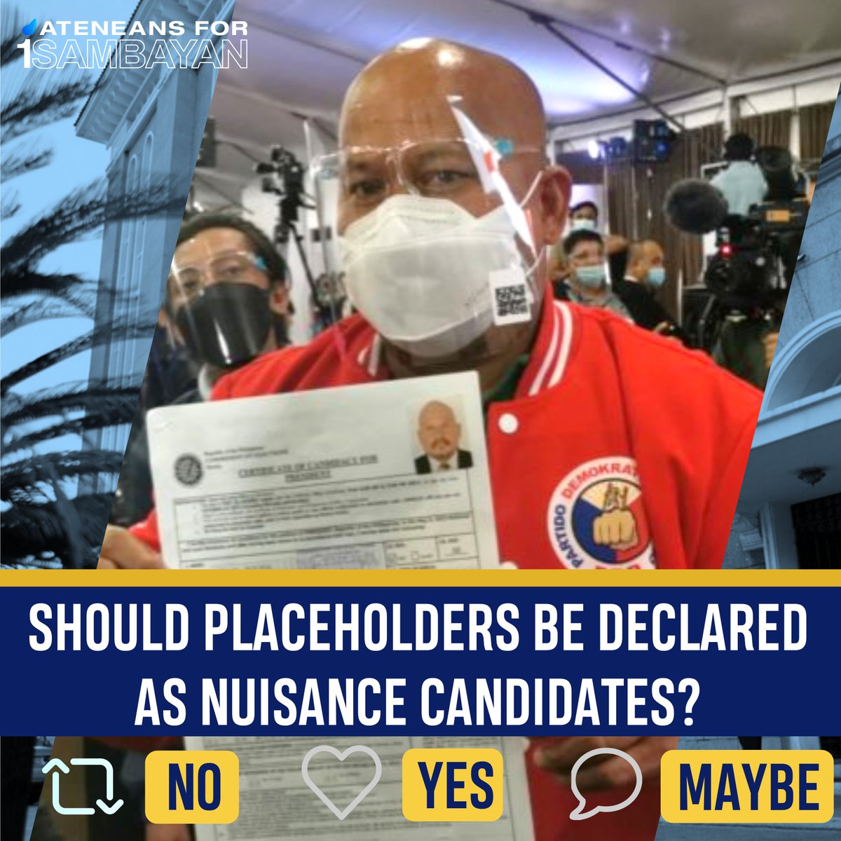 The COMELEC recently said that candidates who declare themselves as placeholders are not automatically classified as nuisance candidates. In your opinion, should placeholders be declared as nuisance candidates? 
#PHVote #Halalan2022
