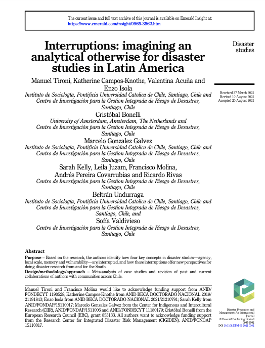 ¡Felices con nueva publicación <a href="/CIGIDEN/">CIGIDEN</a>!

"Interruptions: imagining an analytical otherwise for disaster studies in Latin America", Disaster Prevention &amp; Management. emerald.com/insight/conten…

HILO con explicación de lo que hicimos, desde dónde y para qué.
(1)