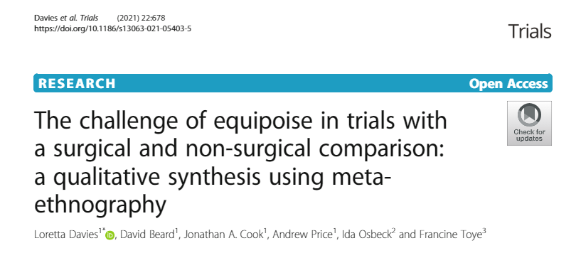 david_j_beard's tweet photo. Delighted to see SITU's Dr Lottie Davies ACL SNNAP related surg v non surg equipoise qualitative synthesis in print in Trials. And the main trial results not far away either!
#SITU, #NDORMS, #Trials, #ACLSNNAP https://t.co/4KXnKvctUj