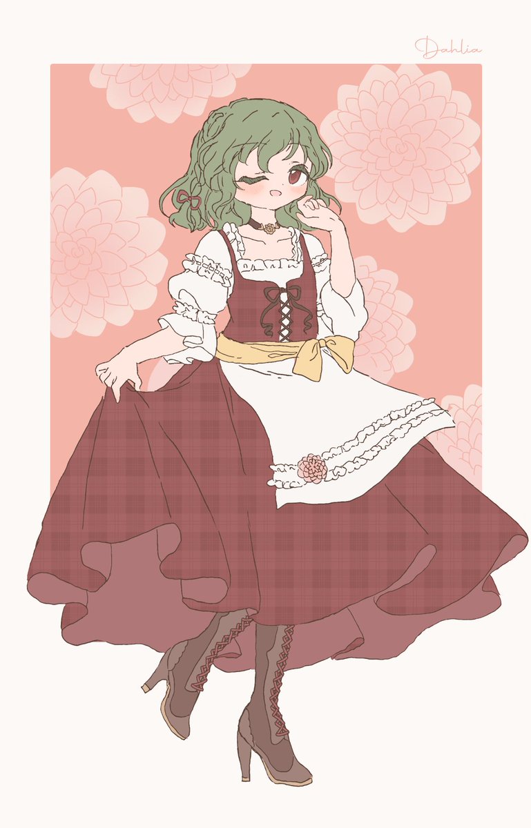 kazami yuuka 1girl solo flower hat red eyes green hair frills  illustration images