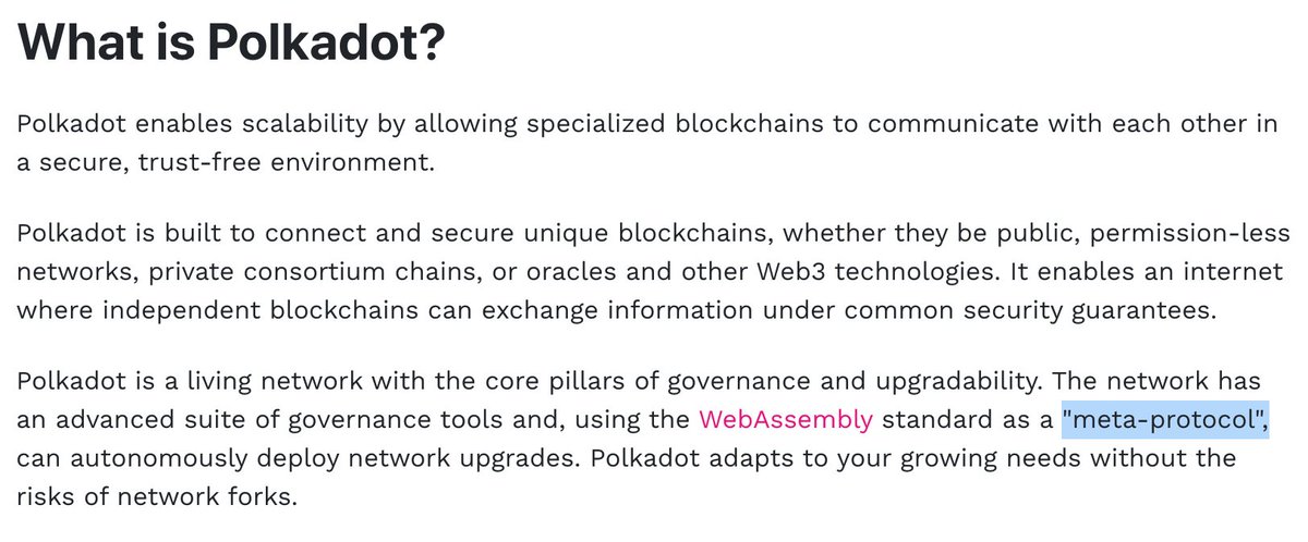 Brad_Laurie's tweet image. Key term: #Metaprotocol $DOT
&quot;@Polkadot is a living network with the core pillars of governance and upgradability. The network has an advanced suite of governance tools and, using the WebAssembly standard as a &quot;meta-protocol&quot;, can autonomously deploy network upgrades&quot;.