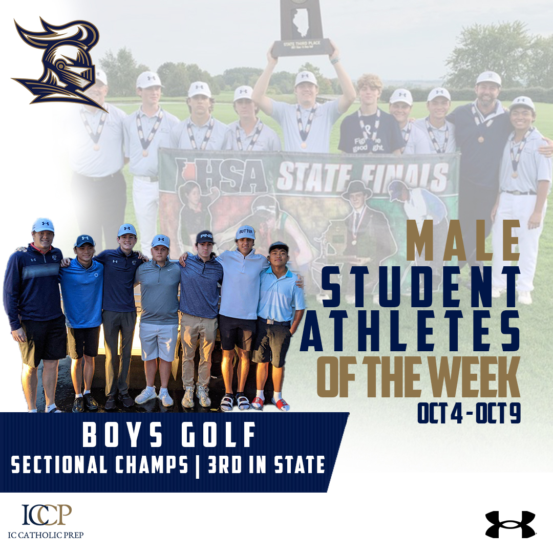 ICCPKnights's tweet photo. Your Student-Athletes of the Week for October 4-9 are sophomore Lucy Russ and our Boys Golf Team! Russ helps ICCP VB go 3-0 during week and take 2nd in Latin Invite. Boys Golf wins IHSA Sectional and takes 3rd in State #weareIC #KnightUp217 #iccpvb #iccpgolf #elmhurst #ihsa https://t.co/5fMDAbQkQI