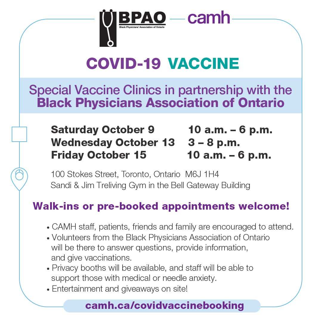 CAMH (@camhnews) on Twitter photo Today from 3-8pm we're hosting volunteers from <a href="/thebpao/">Black Physicians' Association of Ontario</a> at our #vaccineclinic to share information & answer questions about the #COVID19 #vaccine. Got questions? They have answers. Drop by today!
#TeamToronto #GetVaxxed #VaccinePassport Today from 3-8pm we're hosting volunteers from <a href="/thebpao/">Black Physicians' Association of Ontario</a> at our #vaccineclinic to share information & answer questions about the #COVID19 #vaccine. Got questions? They have answers. Drop by today!
#TeamToronto #GetVaxxed #VaccinePassport