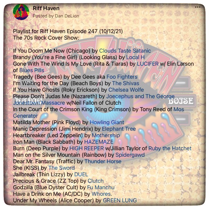 RiffHaven's tweet photo. #RiffHaven #radioboise #CloudsTasteSatanic #LocalH #Lucifer #BluesPill #FooFighters #TheShivas #ChelseaWolfe #MosGenerator #HowlingGiant #ElephantTree #Mothership #HazeMaze #HighReeper #RubytheHatchet #Spidergawd #Thunderhorse #TheSword #Duel #Clutch #FuManchu #Whores #GreenLung https://t.co/yK1D2delGG