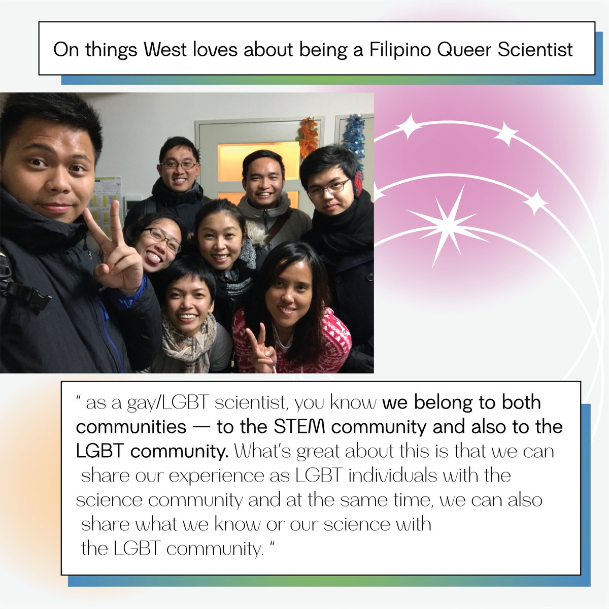 QueerSciencePH's tweet photo. As a part of both the STEM and LGBT community, West expresses how his unique perspective impacts both sides equally. 

#QueerSciencePH #PinoyScientists #PrideInSTEM #LGBTinSTEM #LGBT https://t.co/Tk2ugM2dbV