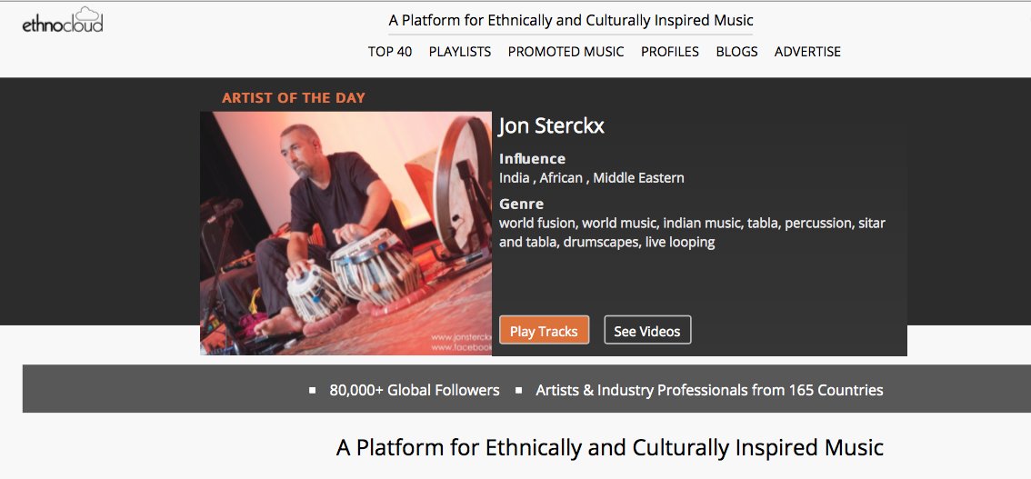 World Music platform Ethnocloud have informed me that I am their ‘Artist of the Day’ today!
Ethnocloud is “A Platform for Ethnically and Culturally Inspired Music” with 80,000+ Global Followers and Artists &amp; Industry Professionals from 165 Countries.
Thanks <a href="/EthnoCloud/">EthnoCloud</a>!