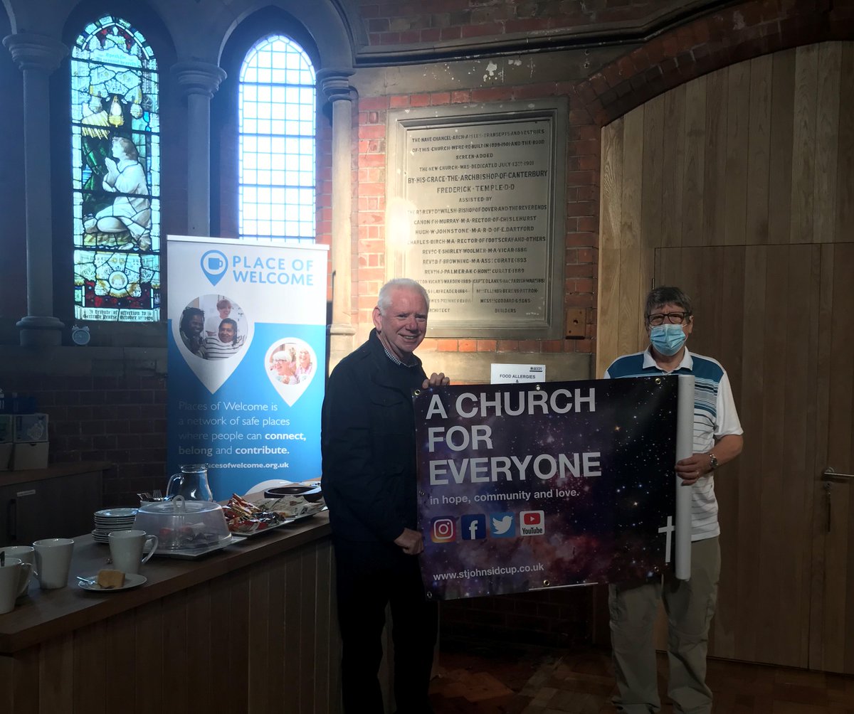 The Community Engagement Social Action team at @SeeOfRochester were delighted to deliver a new @PlacesOfWelcome banner this morning to St John's church in Sidcup. The café was busy with visitors and looking forward to welcoming more @archdeacpaul @BishopTonbridge @SJESidcup