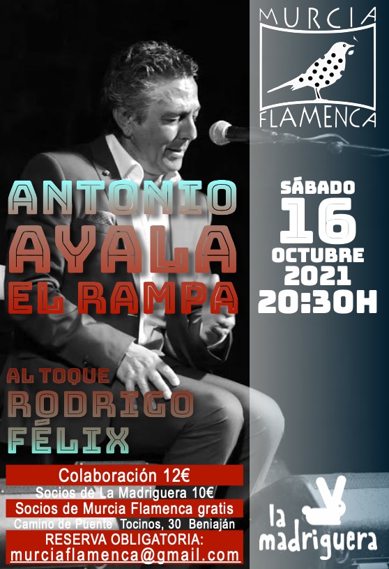 🐰INFOMadriguera🐰
Sábado 16 de Octubre
20.30 horas.
Flamenco/música directo.
Todos los Públicos
Organiza <a href="/MurciaFlamenca/">MurciaFlamenca</a>
Imprescindible reserva previa en:
 murciaflamenca@hotmail.com 
 Aforo reducido.
Protocolo COVID para garantizar la seguridad de tod😷s.
#lamadrigueramurcia
