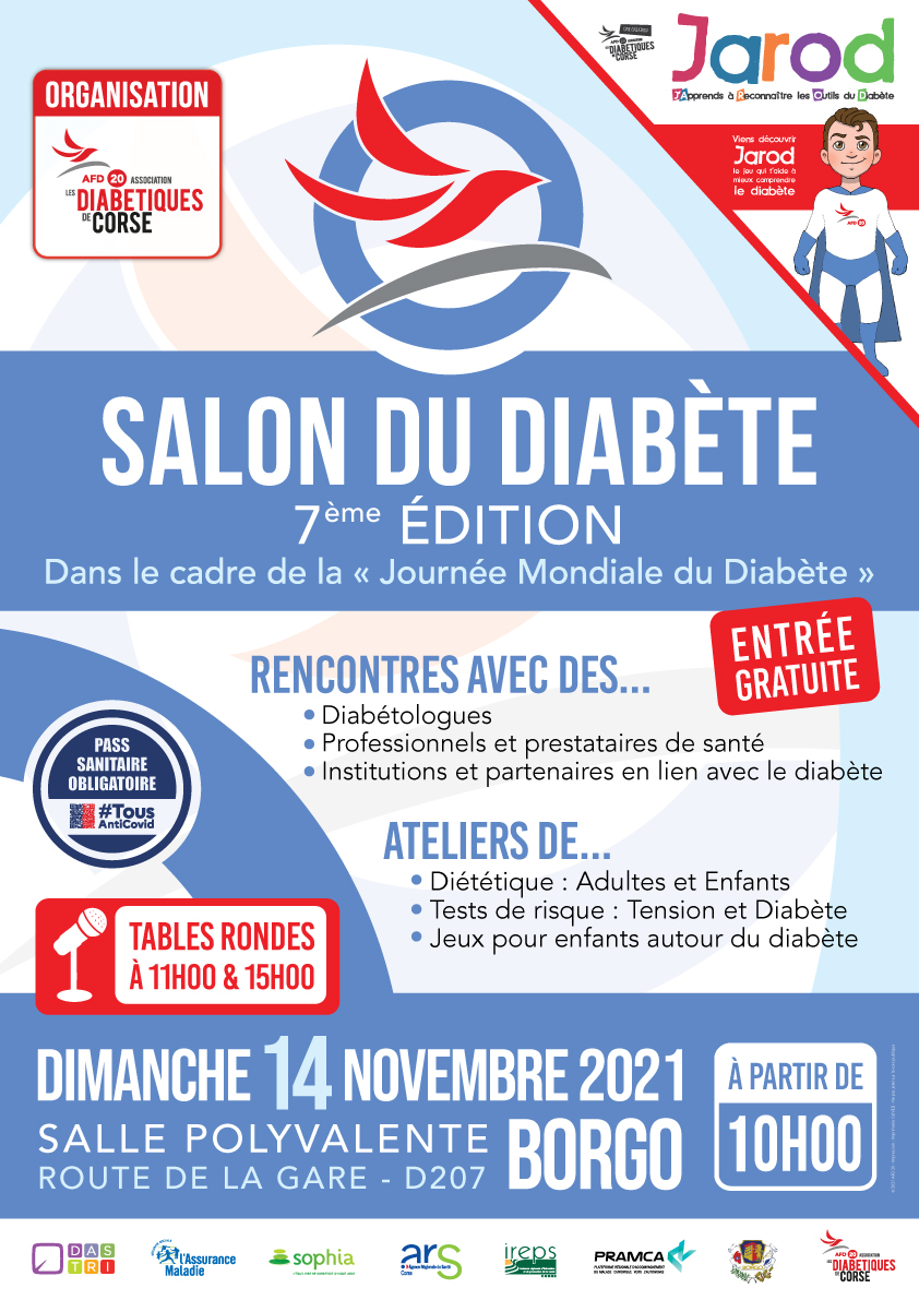 J - 1 MOIS !
La 7ème édition du Salon du Diabète aura lieu :
➡️Le dimanche 14 novembre 2021 à partir de 10h
➡️A la salle polyvalente de Borgo route de la gare.
Notez cette date dans vos agendas ! Nous avons hâte de vous retrouver pour fêter la Journée Mondiale du Diabète !