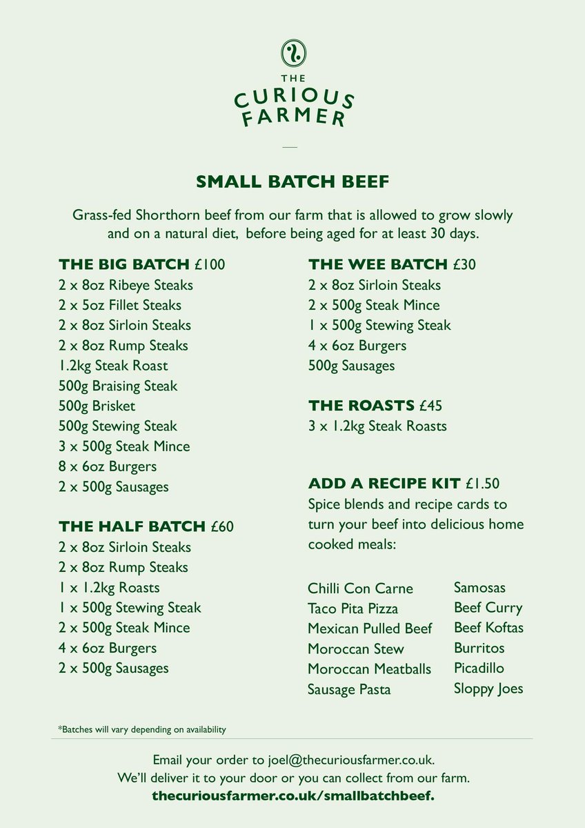 The beef is back! Deliveries this Friday

Chunky steaks &amp; burgers, richly flavoured braising steak, winter warming roasts and the best cut of all... mince. Our naturally reared slow grown beef is also beneficial to the environment and... affordable!

DM to order