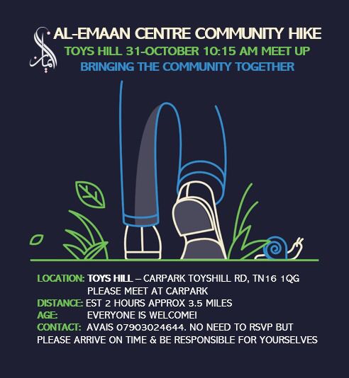 AlEmaanCentre's tweet photo. Al-Emaan Centre Community Hike!
Come and join us on Sunday 31st October for a hike at Toys Hill!
#alemaancentre #toyshillhike #communityhike #communitylove https://t.co/dx7e2e3DQU