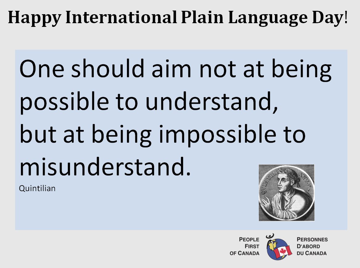 PeopleFirstCA's tweet photo. Happy International Plain Language Day! Plain language is an accommodation right for people with intellectual disabilities.  #PlainLanguageDay #Inclusion https://t.co/IsVtaKbJ9d