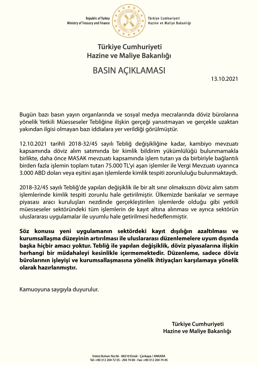 HMBakanligi's tweet photo. Hazine ve Maliye Bakanlığı 
Basın Açıklaması 
(13.10.2021) https://t.co/3NvHIFmJnY