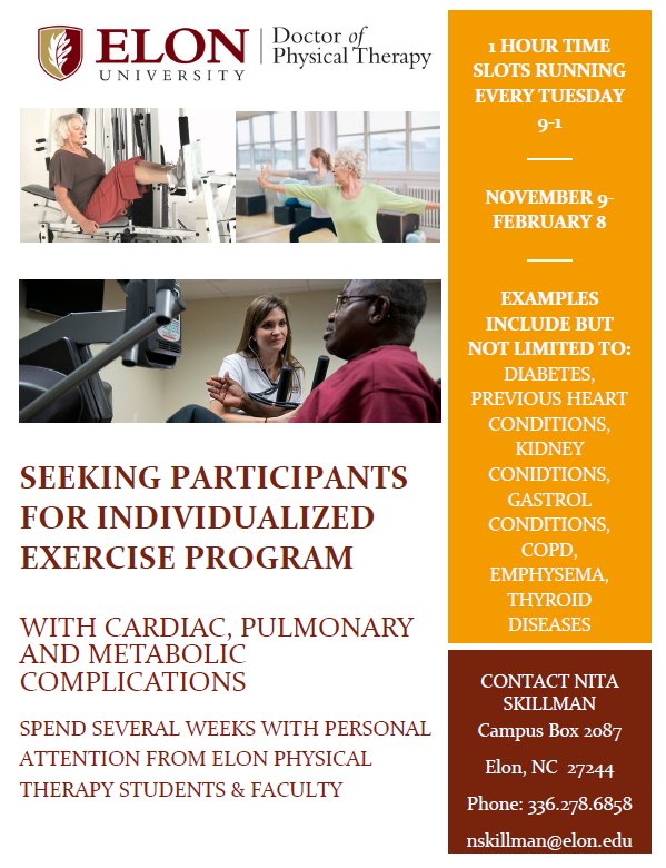 Elon DPT (@elonpt) on Twitter photo Free individualized exercise program for individuals with cardiac, pulmonary or metabolic complications <a href="/elonuniversity/">Elon University</a> Free individualized exercise program for individuals with cardiac, pulmonary or metabolic complications <a href="/elonuniversity/">Elon University</a>