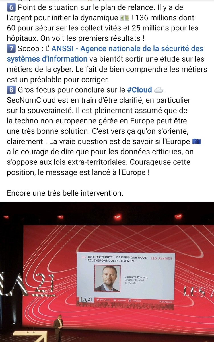 #LesAssises 🔊 Pour ceux qui n'ont pas la chance d'être présents, synthèse de l'intervention "Les défis que nous relèverons collectivement" de G. Poupard aux Assises de la Sécurité 2021 (on pourrait même dire keynote !) linkedin.com/posts/matthieu…