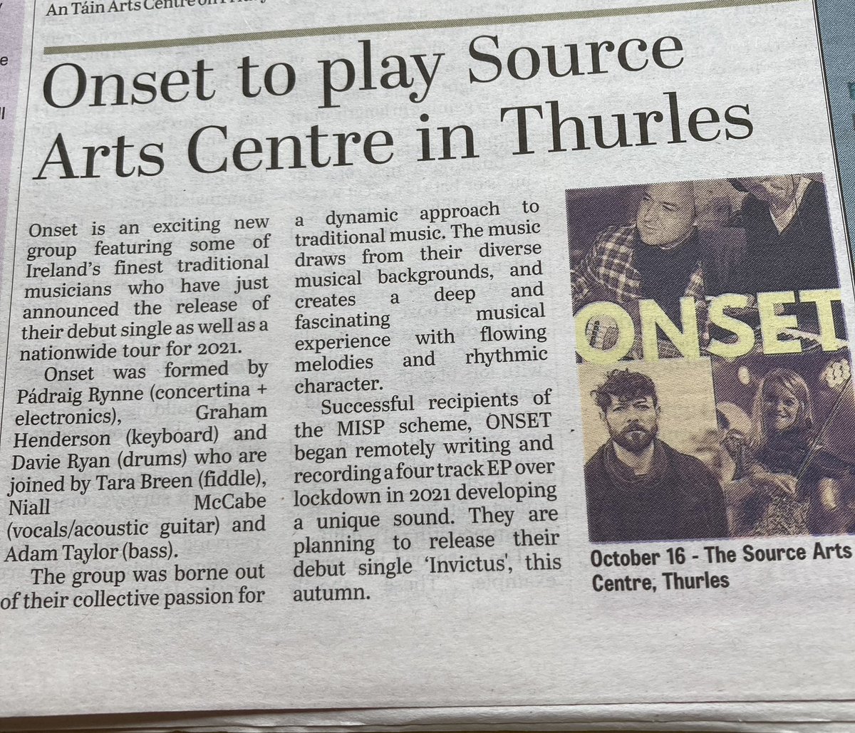 onsetband1's tweet photo. Lovely feature in today’s #tipperarystar newspaper ahead of our show in @sourcearts on Saturday https://t.co/S2MTCEKPZC