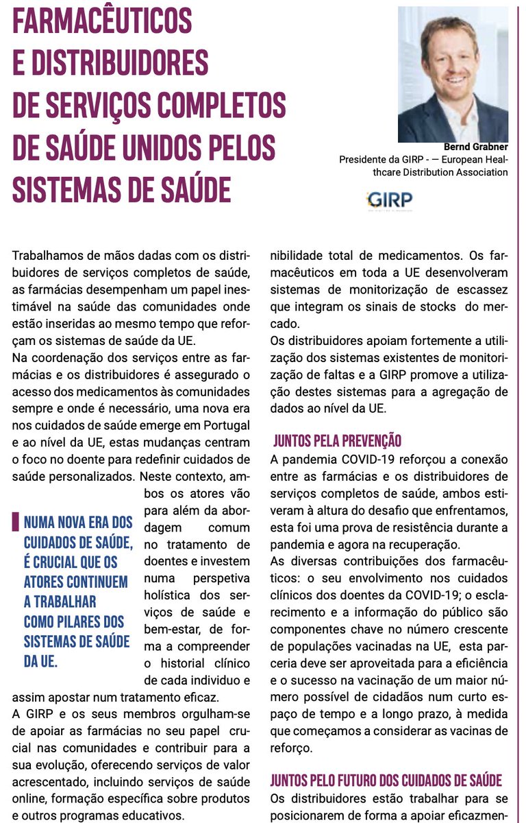 GIRPBrussels's tweet photo. Are you also ⏰🗓️ the days until #GIRPAMC2021? Why not practice your Portuguese? 

Muito obrigado @SolOnline @Pais_Positivo for featuring GIRP President @grabner_bernd on optimising the close collab of #pharmacists &amp; full-service #healthcare distributors for improved #patientcare https://t.co/oxYZQURFGe