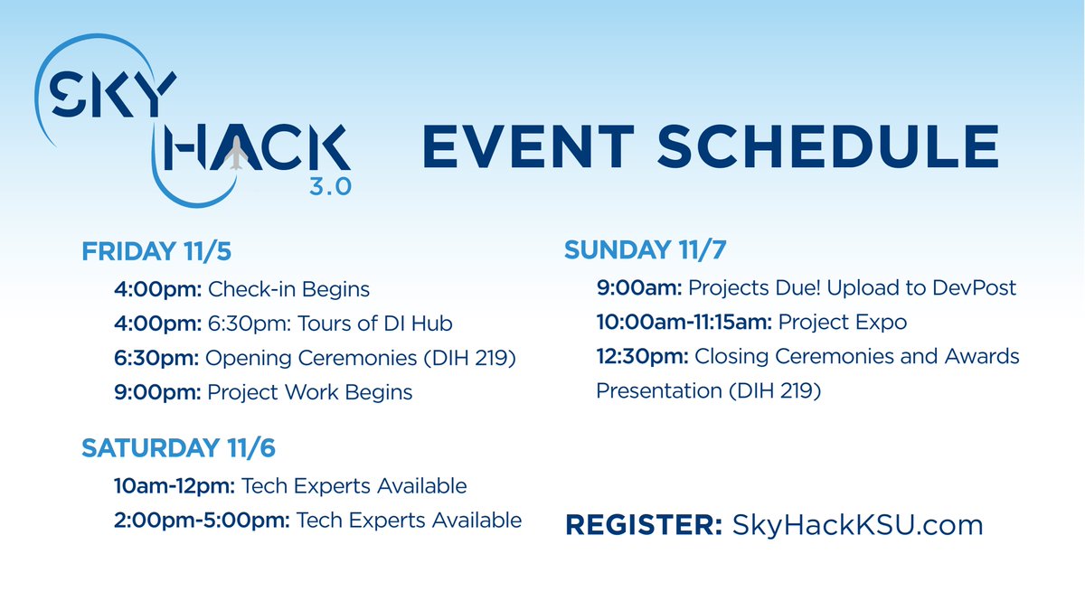 SkyHack_KSU's tweet photo. #SkyHack is coming up in a few weeks and here's what to expect! Check-in for the event beings at 4pm on Friday, 11/5 and final projects will be due at 9am on Sunday, 11/7.

Register for the event at https://t.co/0tHOloy0xF 🚀 https://t.co/ADDB7yXnAh