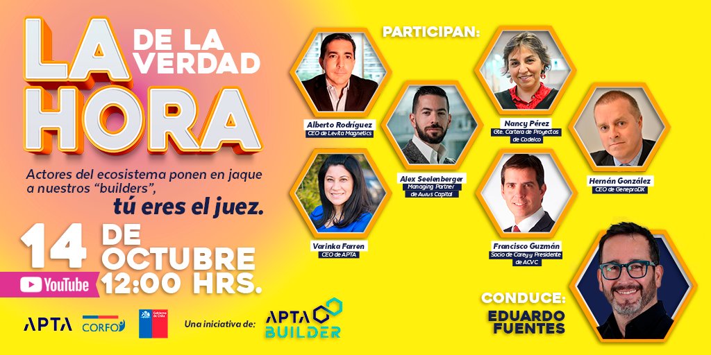MAÑANA No puedes faltar a "La hora de la verdad", un evento en el que actores del ecosistema realizarán interesantes preguntas a nuestros "builders" del programa de emprendimiento #APTABuilder2021. Conéctate a las 12pm😉▶️bit.ly/3oYRB2Q