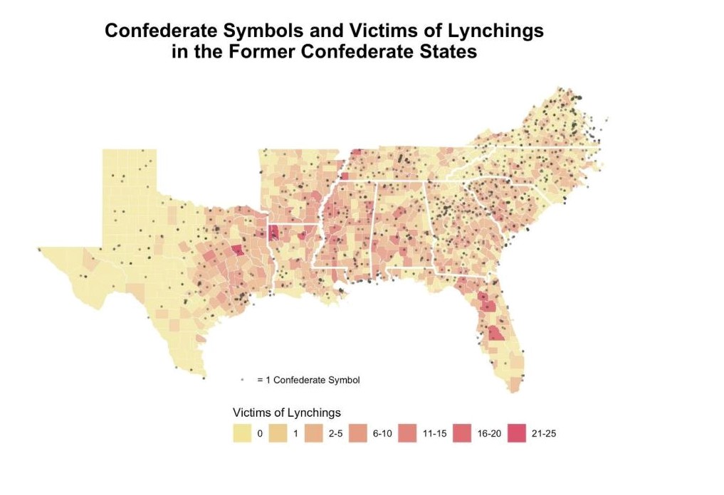 PNASNews's tweet photo. County-level lynching data and county-level counts of Confederate memorializations erected in former Confederate states reveal a positive correlation between Confederate symbolism and violence against Black individuals. In PNAS: https://t.co/H38jp0wgBl https://t.co/SfwP9Xxzxo