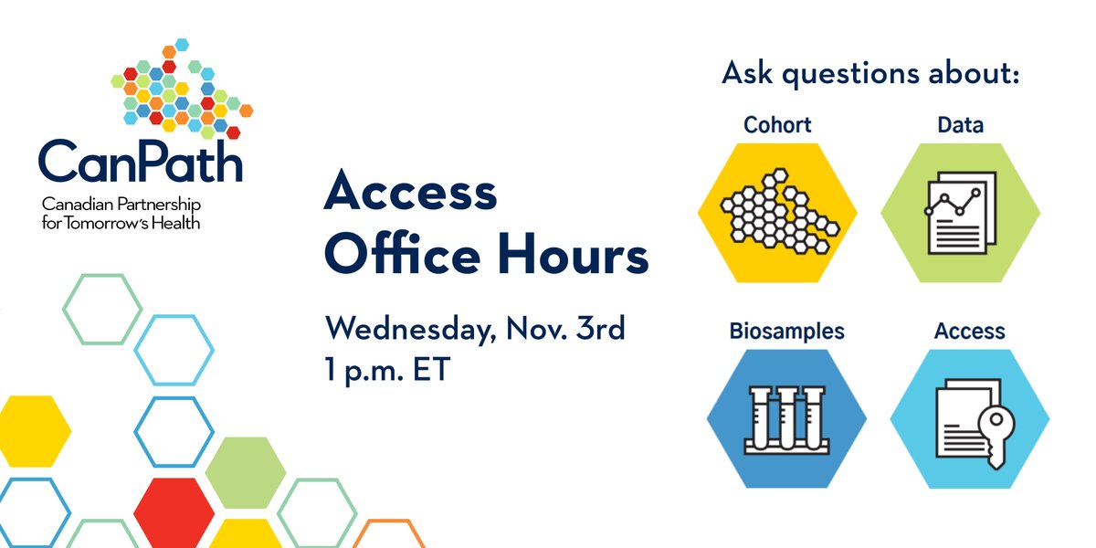 The CanPath Access Office invites you to its inaugural Office Hours session on Wednesday, Nov. 3rd at 1 pm ET! This new monthly series will provide an opportunity to ask questions about CanPath data &amp; biosamples, the access process or the CanPath Portal. ow.ly/Qfkq50Gmuwt