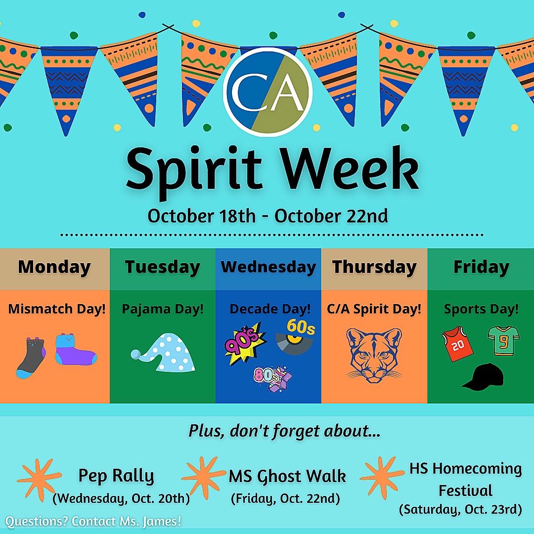 CACougars's tweet photo. Spirit! Spirit! Yes We Do! We've Got Spirit, How 'Bout You?
During the week of October 18th-22nd, C/A will celebrate the first Spirit Week of the 2021-2022 school year...and we can't wait!
#CAEmpowers #spiritweek #alexandriacity #delrayva https://t.co/GX2fwfxqrt