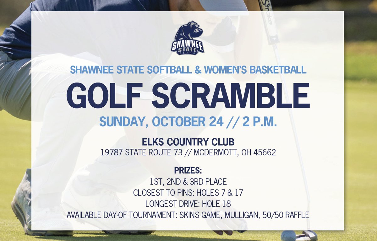 SSUBears's tweet photo. The women's basketball and softball programs at Shawnee State will be teaming up to host the Shawnee State Golf Scramble, onSunday, Oct. 24 at 2 p.m. at Elks Country Club in McDermott, Ohio.

Register online: https://t.co/gqki7AXIYC

Full story: https://t.co/jz4ZAIaXBS https://t.co/qzjZz481eq