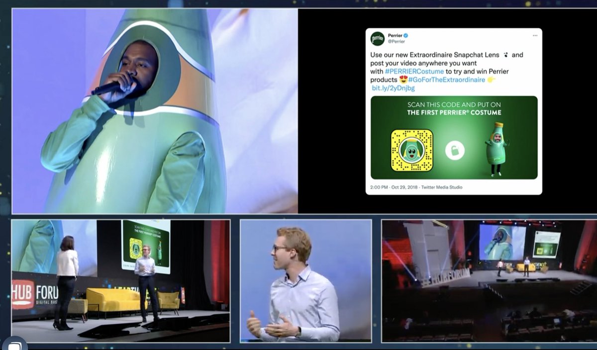 Merci à <a href="/kanyewest/">ye</a> pour le show. Il arrive sur scène avec un costume d’une bouteille de <a href="/PerrierFr/">Perrier France</a> 💧L’entreprise réagit et mets en place un filtre <a href="/Snapchat/">Snapchat</a> pour que tout le monde puisse utiliser un filtre de bouteille Perrier sur son visage👻 #Hubforum2021 #NextEconomy