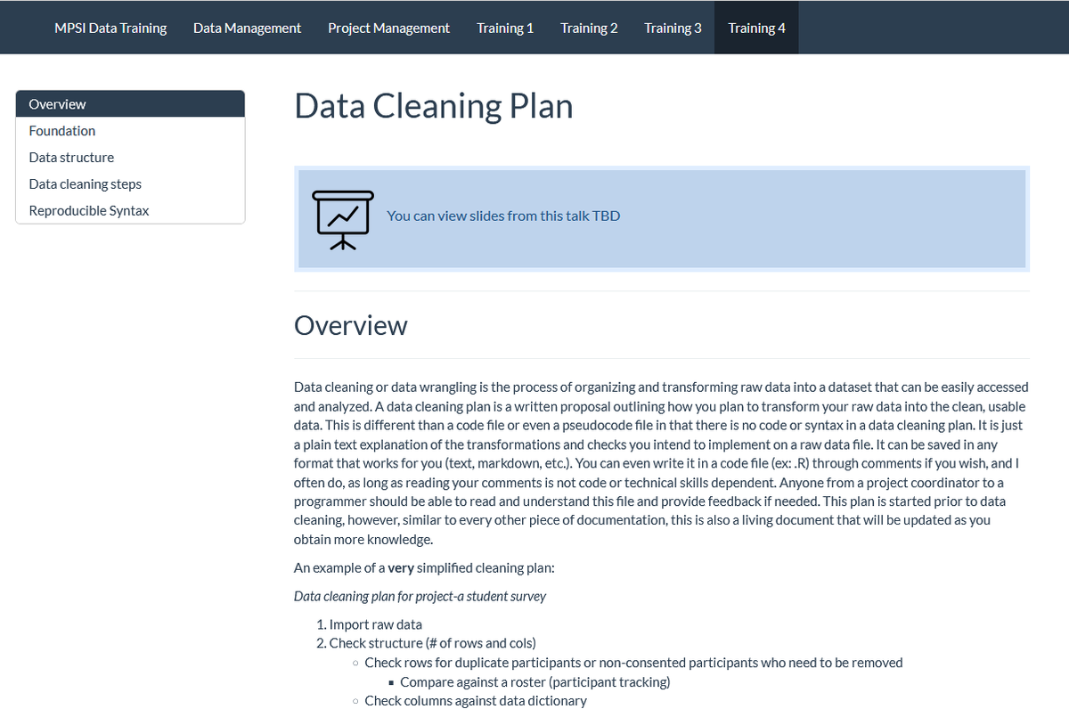 I have finally finished the next module in my education data mgmt training series: Writing a data cleaning plan! I hope this is helpful for all education researchers looking for data management guidance! Feedback welcome! #edresearch #datamgmt
cghlewis.github.io/mpsi-data-trai…
